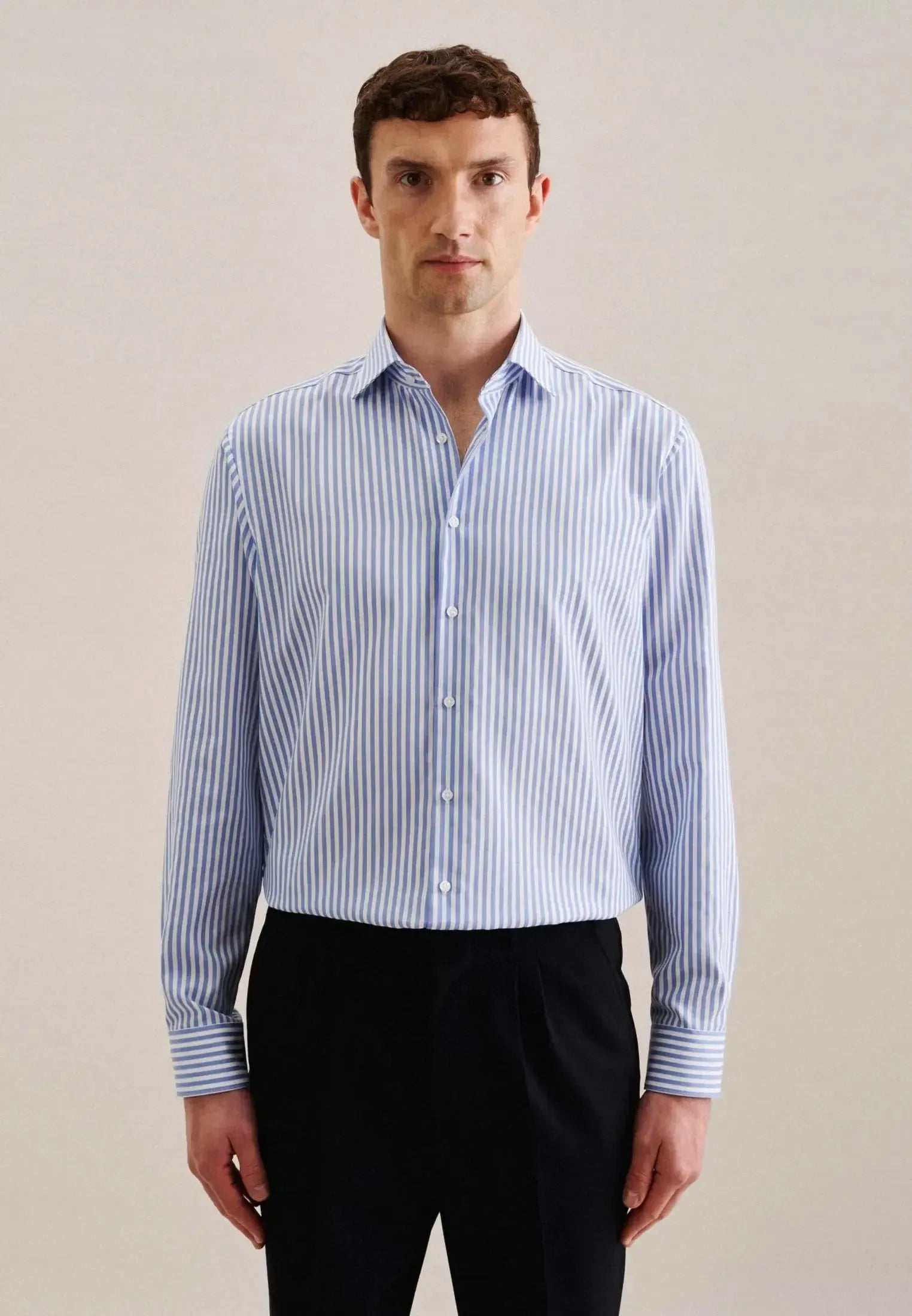 Regular Fit No Iron New Kent Striped Business Shirt Light Blue-seidensticker uk