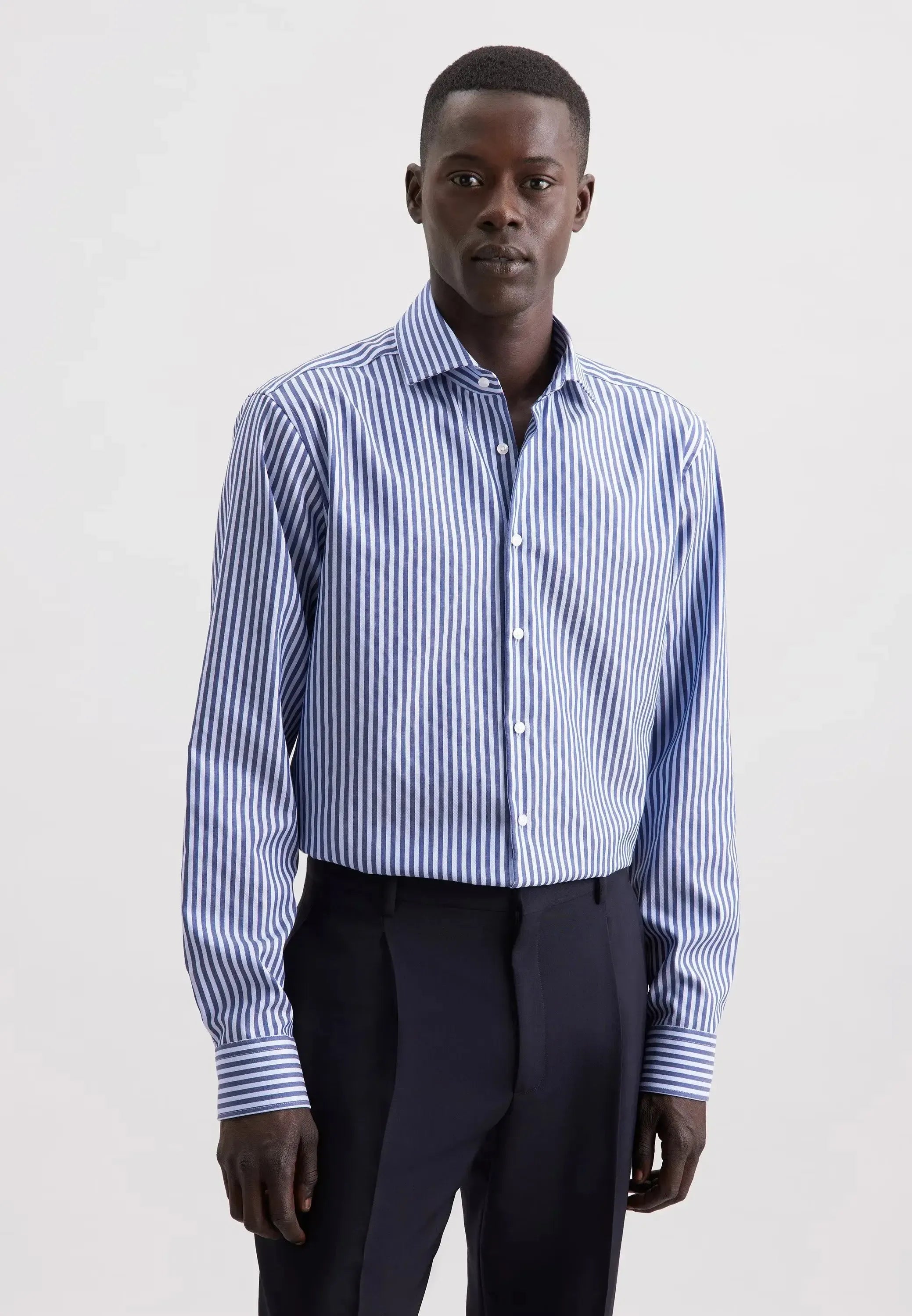 Regular Fit No Iron Spread Kent Structured Stripe Business Shirt Dark Blue-seidensticker uk