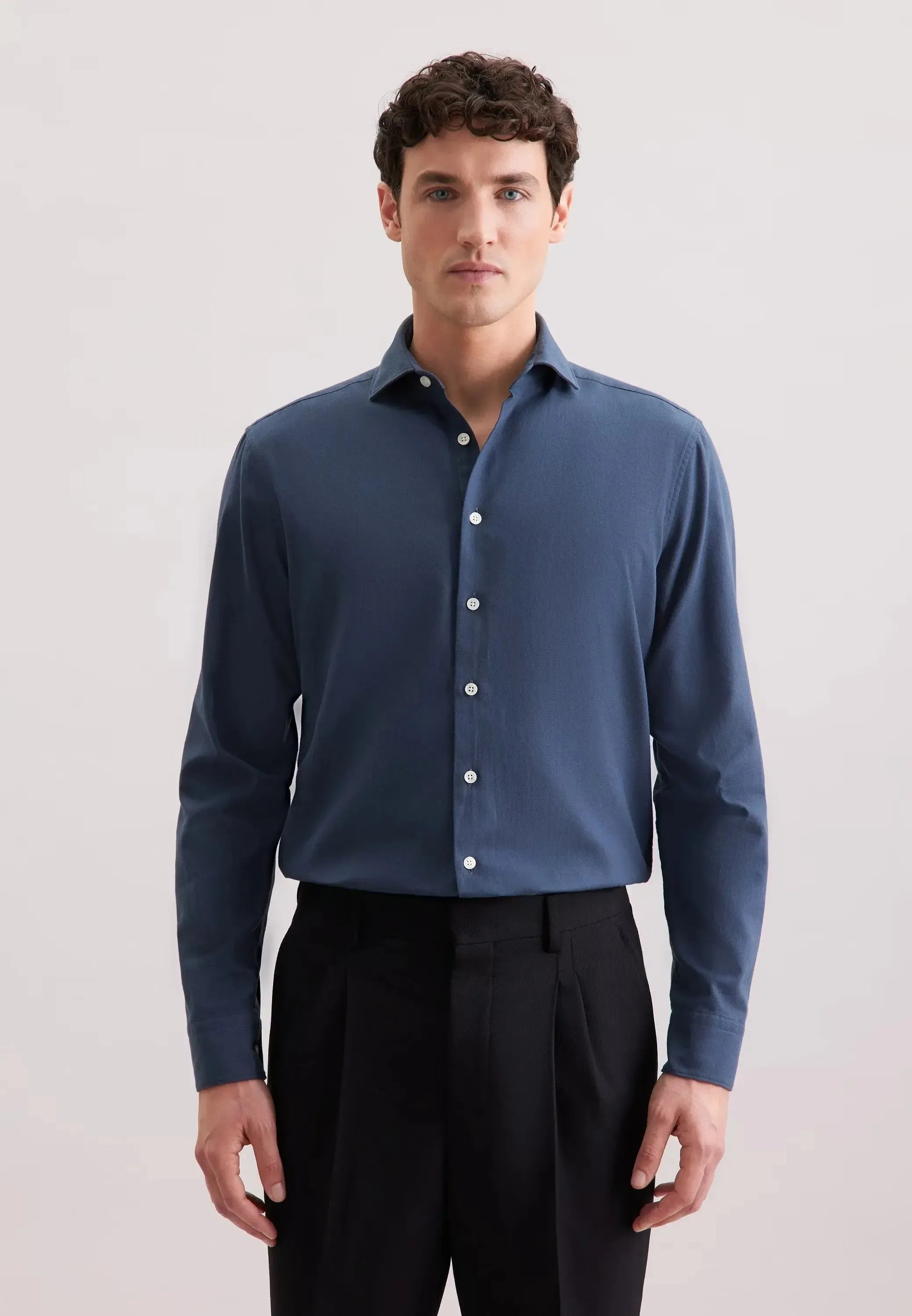 Regular Fit Spread Kent Pepita Flannel Shirt Dark Blue-seidensticker uk