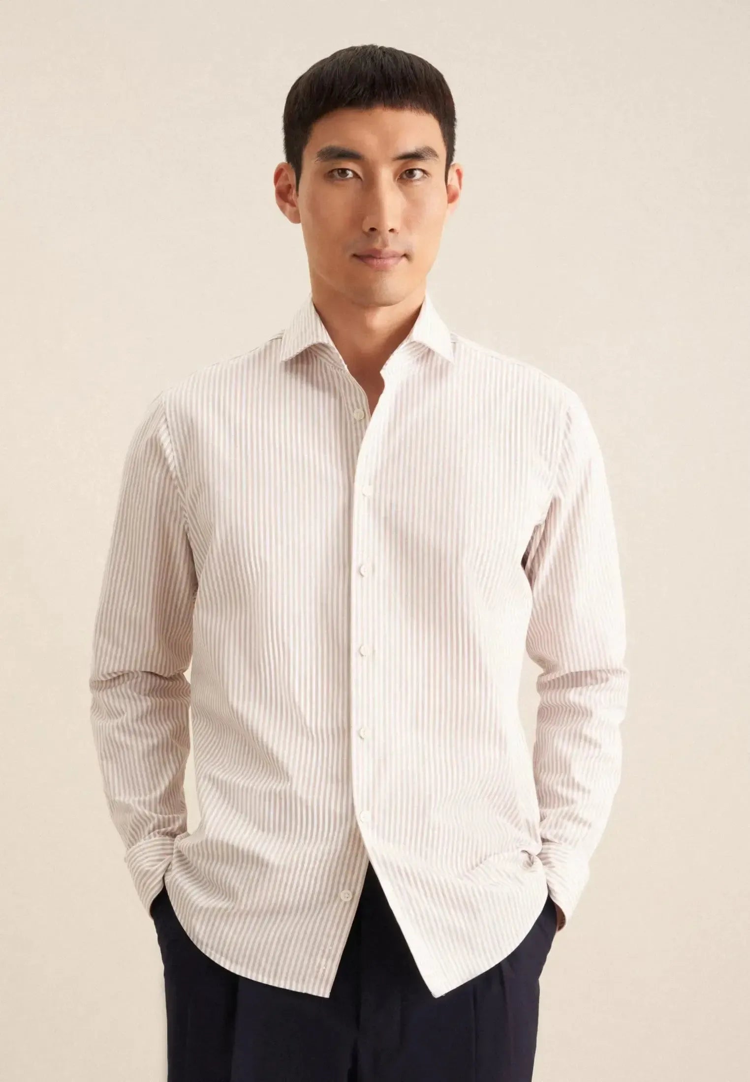 Regular Fit Spread Kent Striped Casual Shirt Beige-seidensticker uk