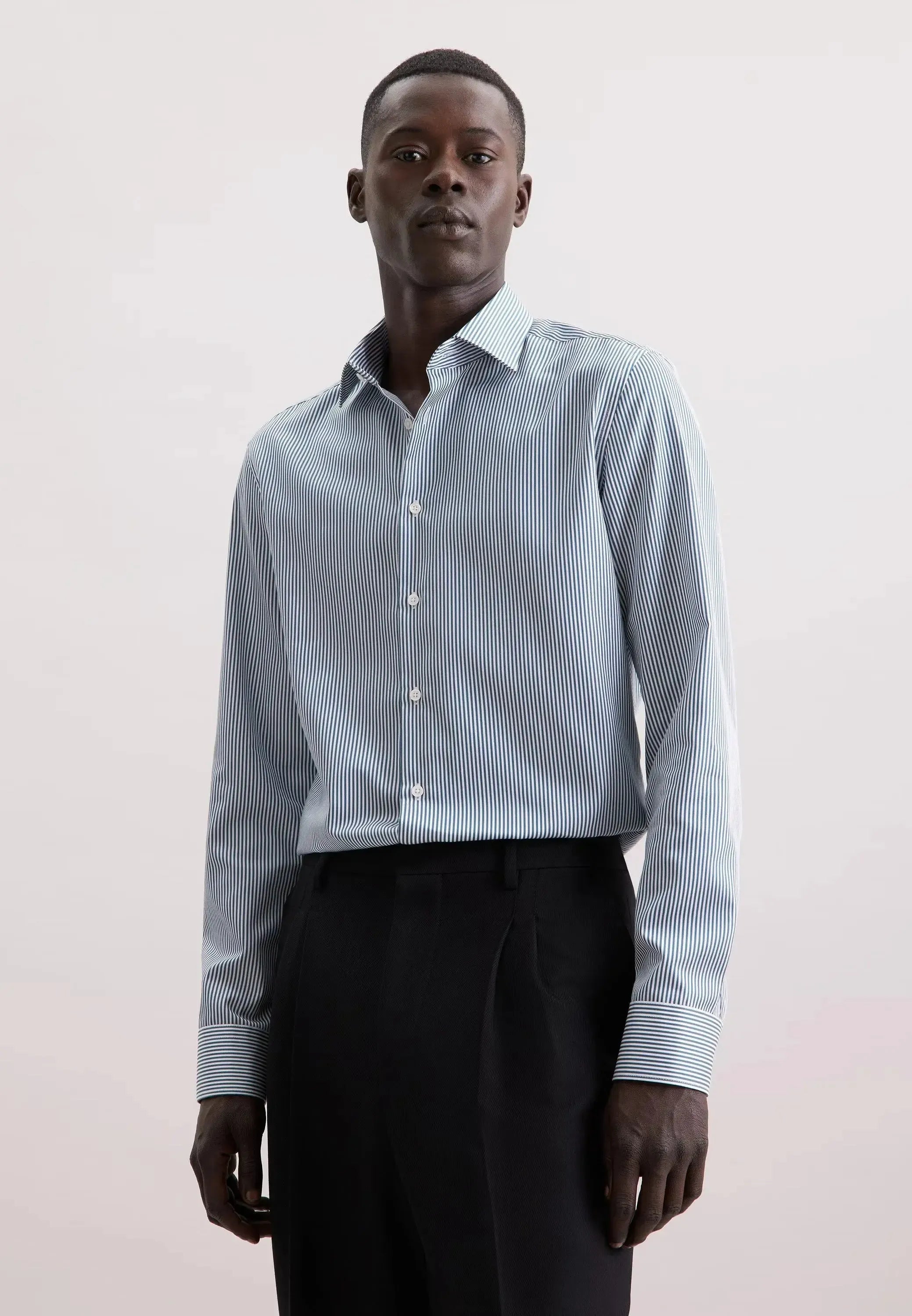 Shaped Fit Easy Iron New Kent Striped Business Shirt Dark Teal-seidensticker uk