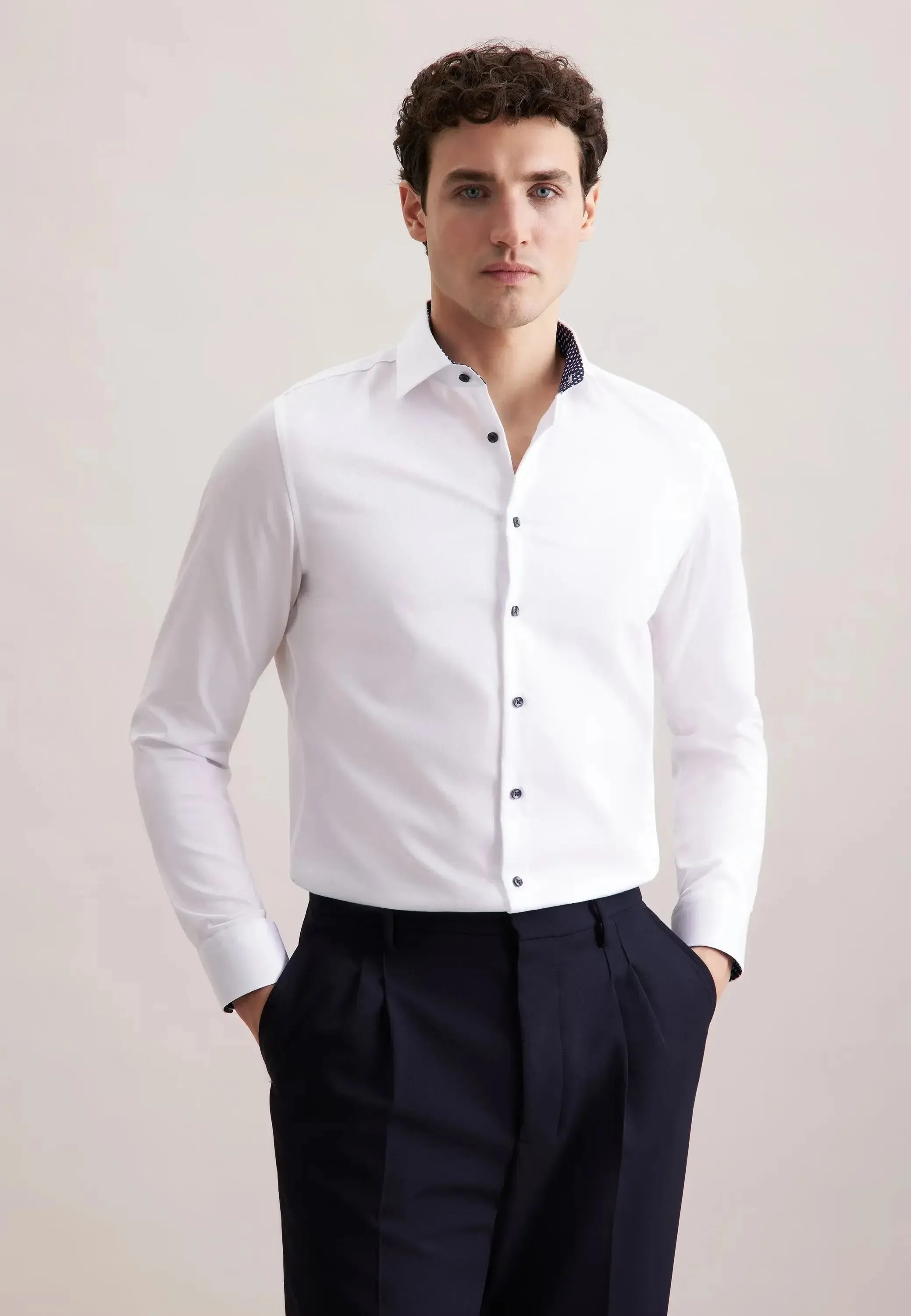 Shaped Fit No Iron Contrast Kent Collar Business Shirt White-seidensticker uk
