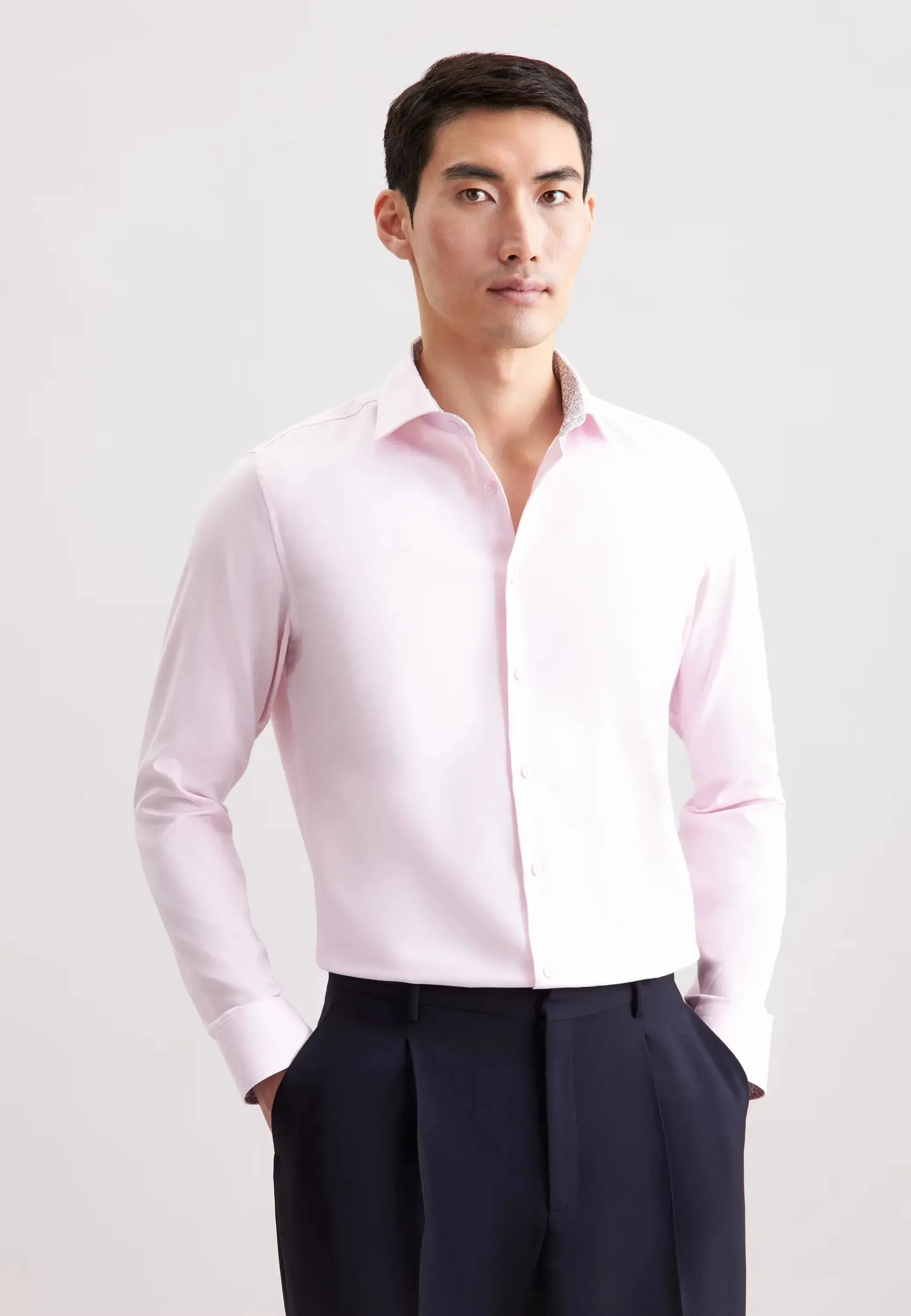 Shaped Fit No Iron Contrast Patched Kent Collar Business Shirt Pink-seidensticker uk