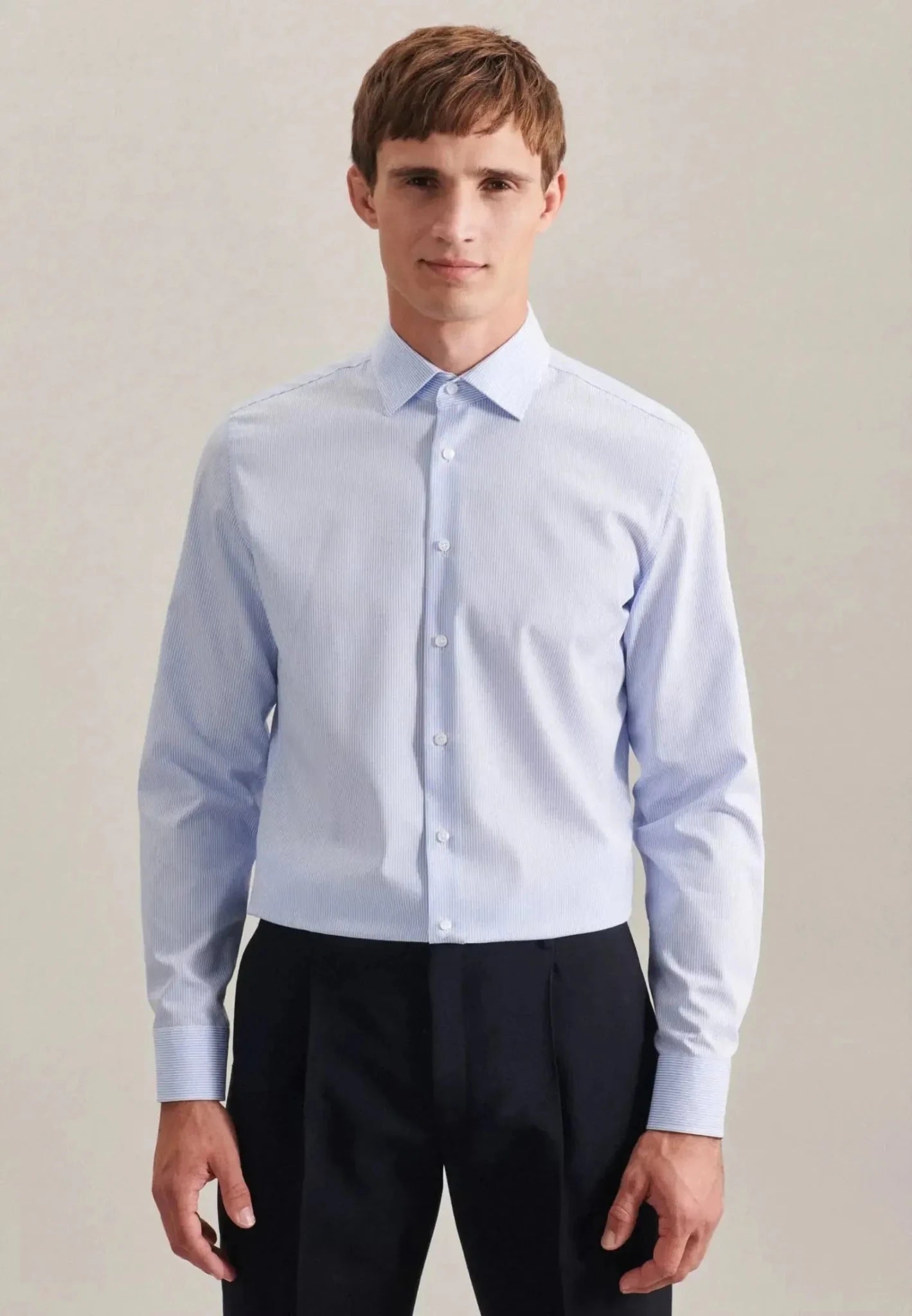 Seidensticker Shaped Fit No Iron Kent Collar Striped Business Shirt Light Blue - 01.293640-11-38 - seidensticker.co.uk