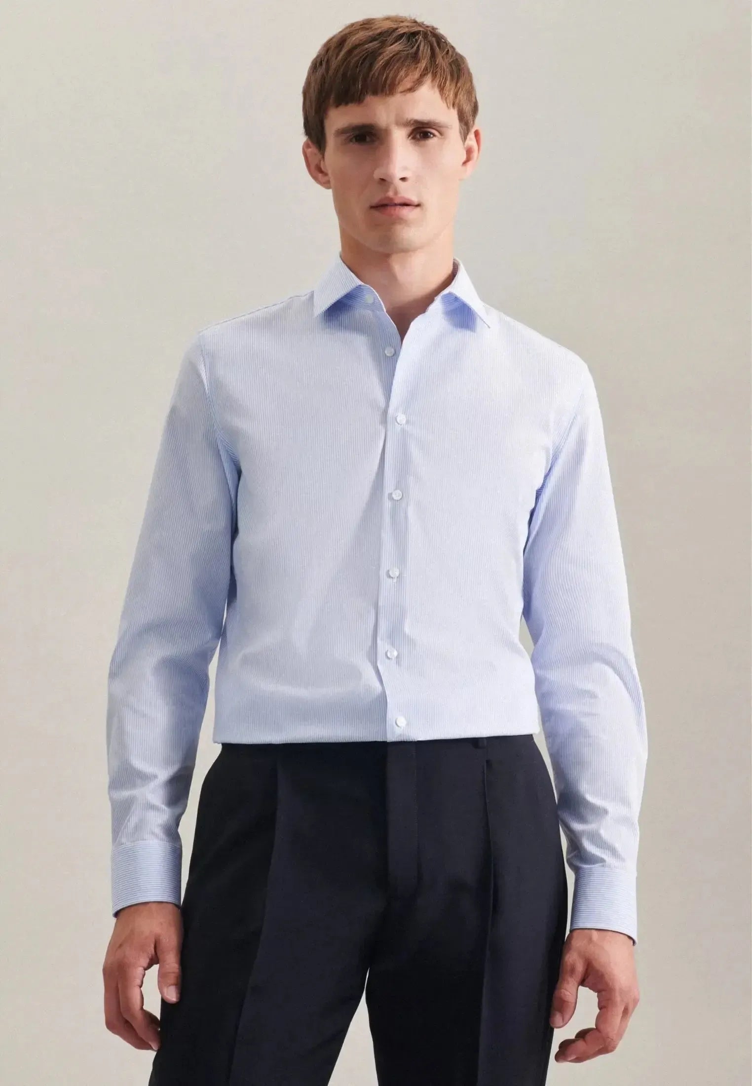 Shaped Fit No Iron Kent Collar Striped Business Shirt Light Blue-seidensticker uk
