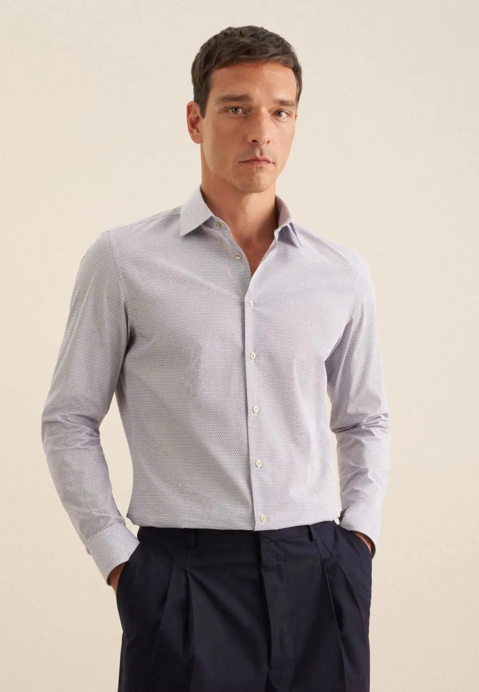 Slim Fit Business Kent Print Pattern Business Shirt Beige-seidensticker uk