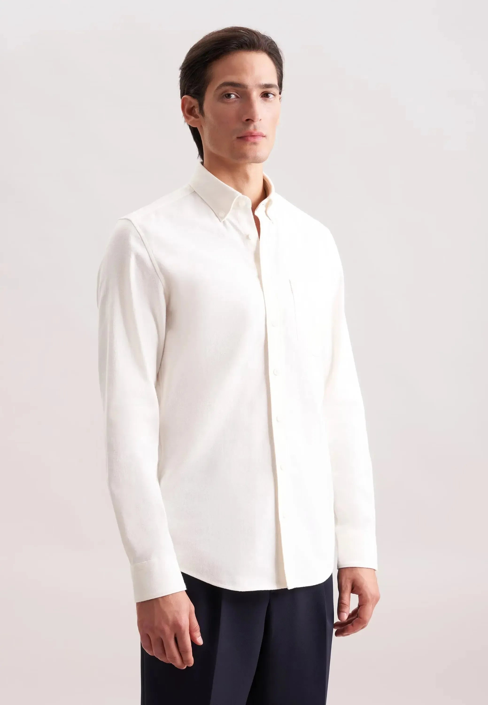 Slim Fit Button Down Flannel Shirt Ecru-seidensticker uk