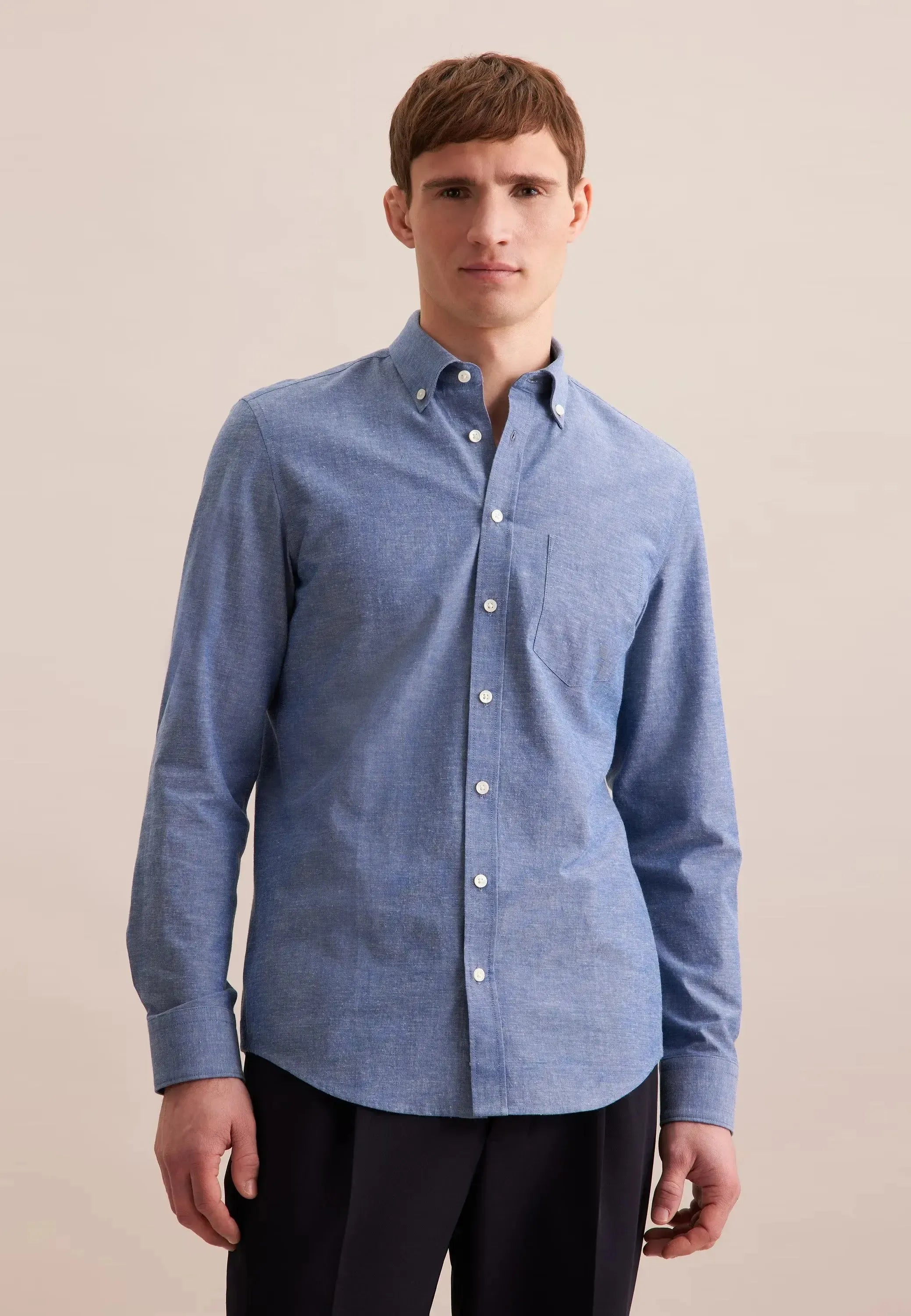Slim Fit Button Down Linen Blend Chambray Shirt Mid Blue-seidensticker uk