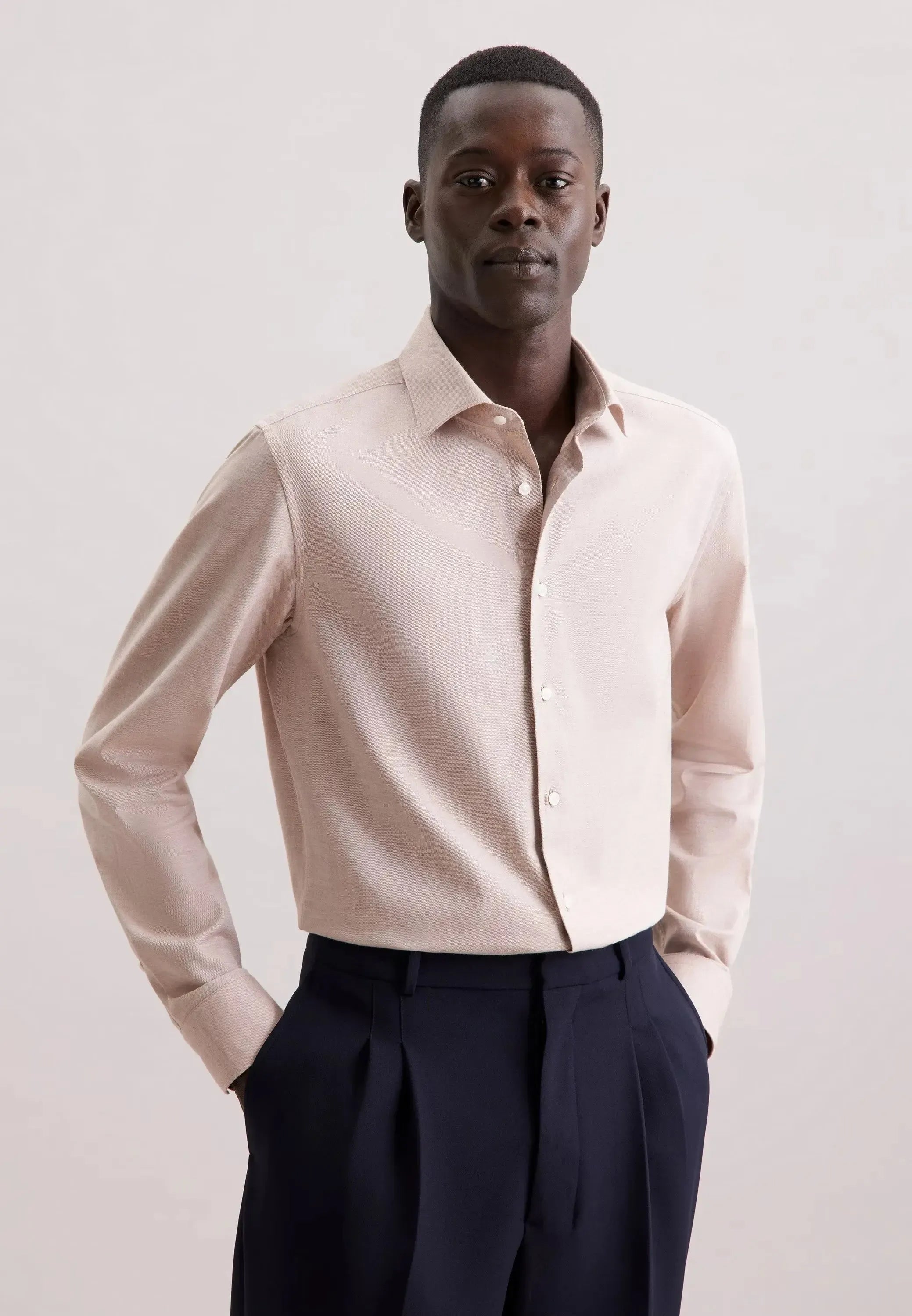 Slim Fit New Kent Flannel Shirt Beige-seidensticker uk