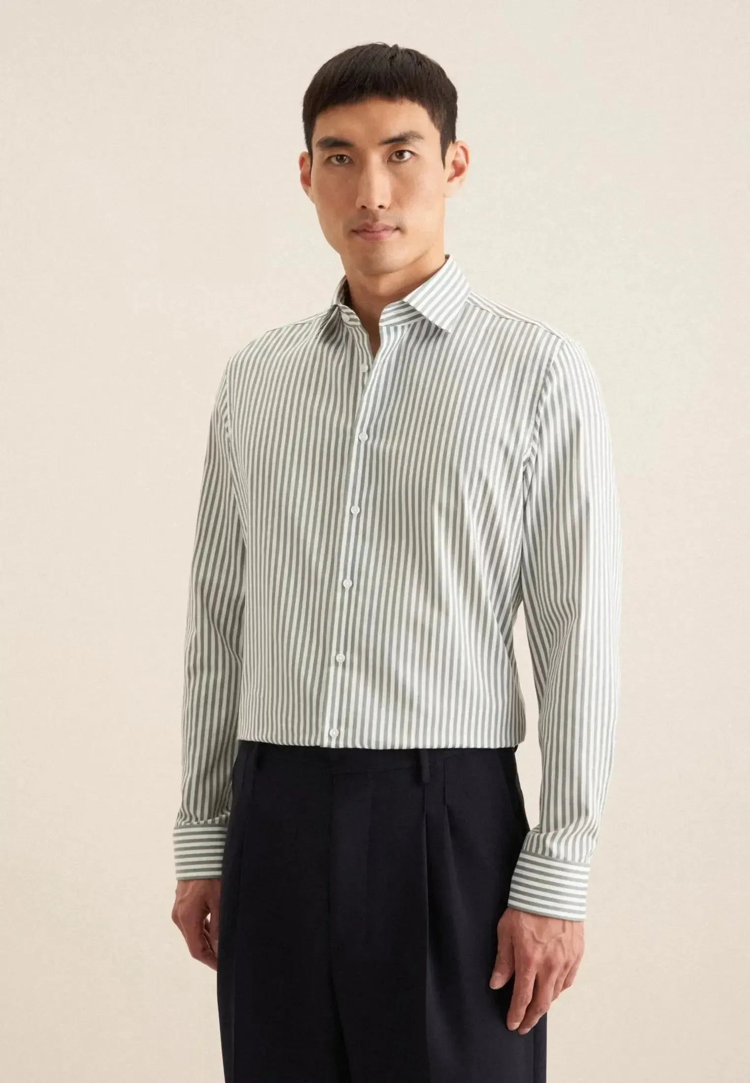 Slim Fit No Iron New Kent Striped Business Shirt Mid Green-seidensticker uk