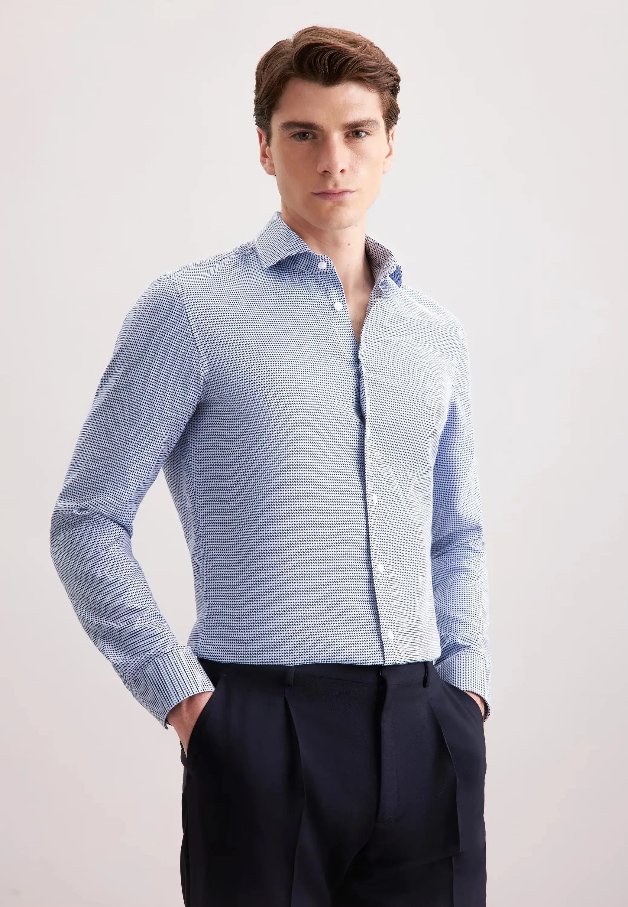 Slim Fit No Iron Spread Kent Pepita Business Shirt Mid Blue-seidensticker uk