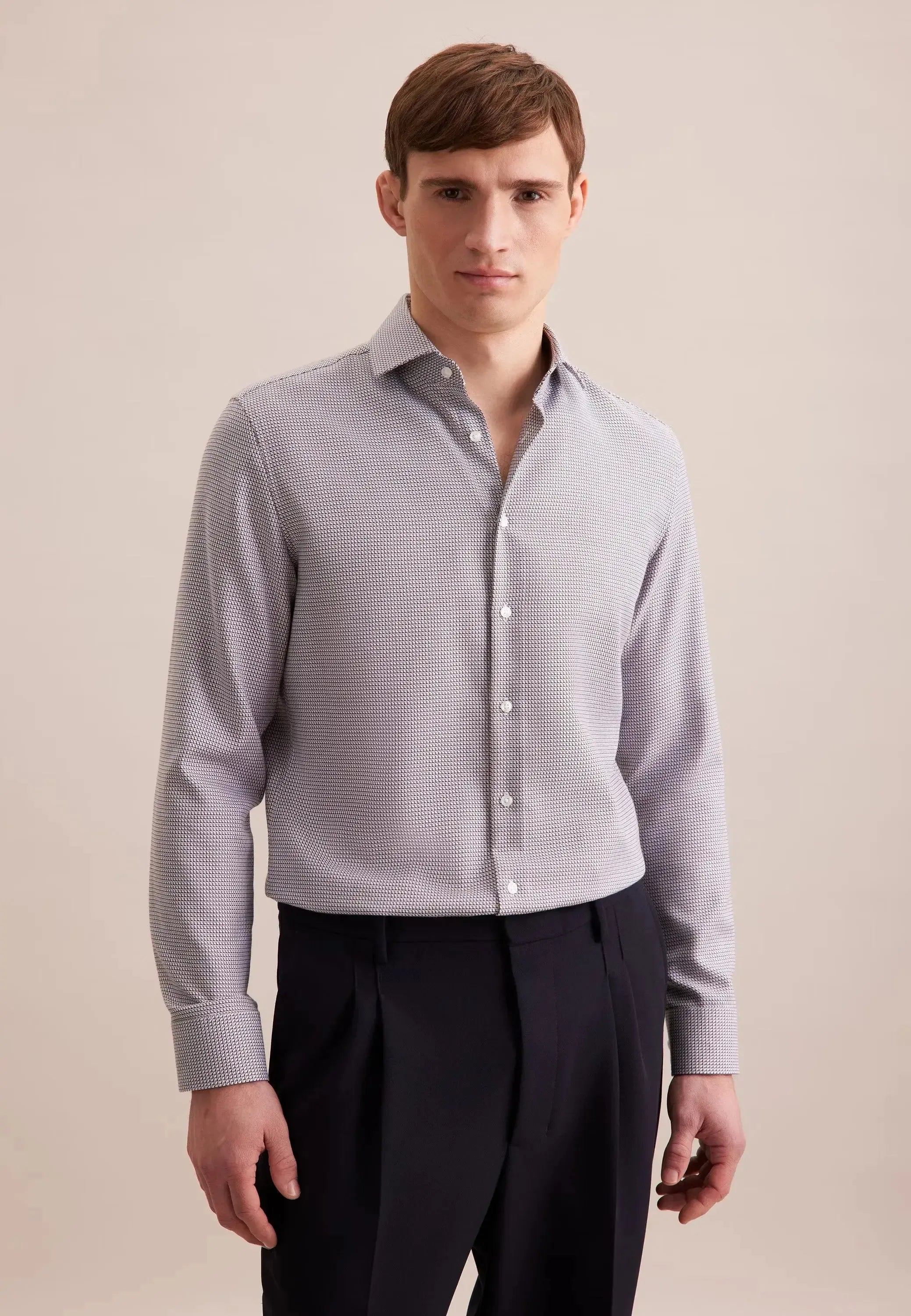 Slim Fit No Iron Spread Kent Structured Pattern Business Shirt Brown-seidensticker uk