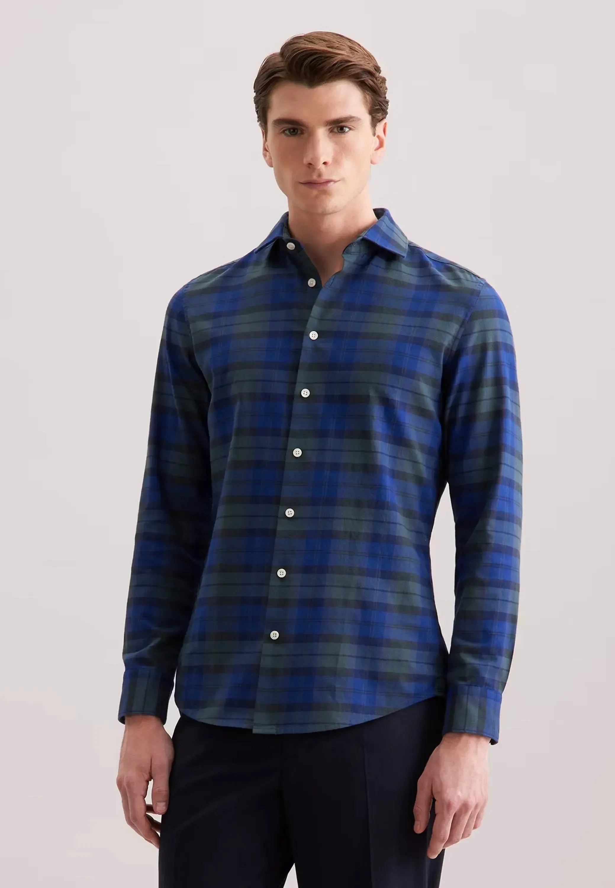 Slim Fit Spread Kent Check Flannel Shirt Dark Blue-seidensticker uk