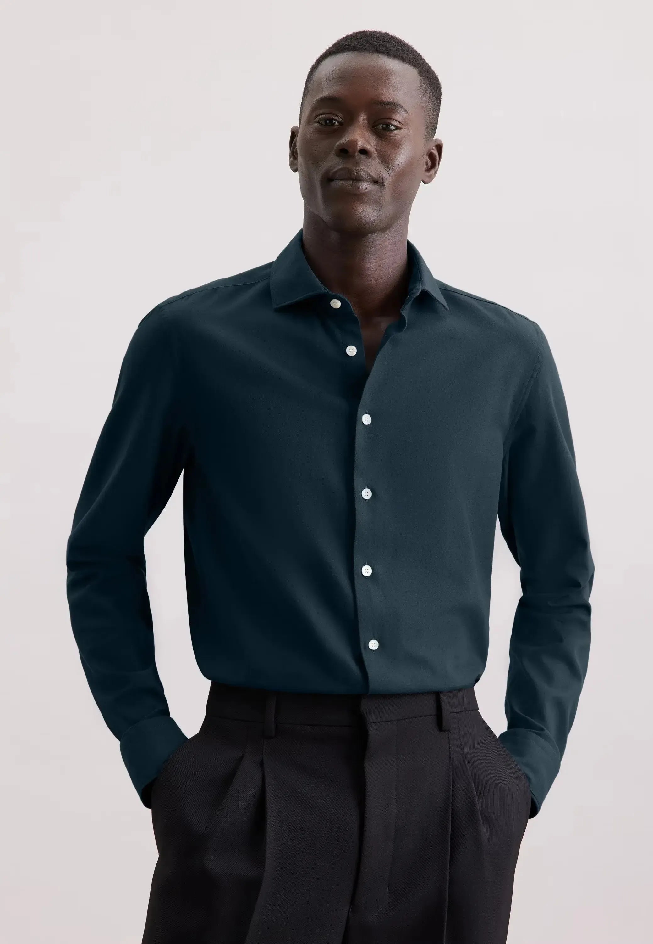 Slim Fit Spread Kent Pepita Flannel Shirt Dark Blue-seidensticker uk