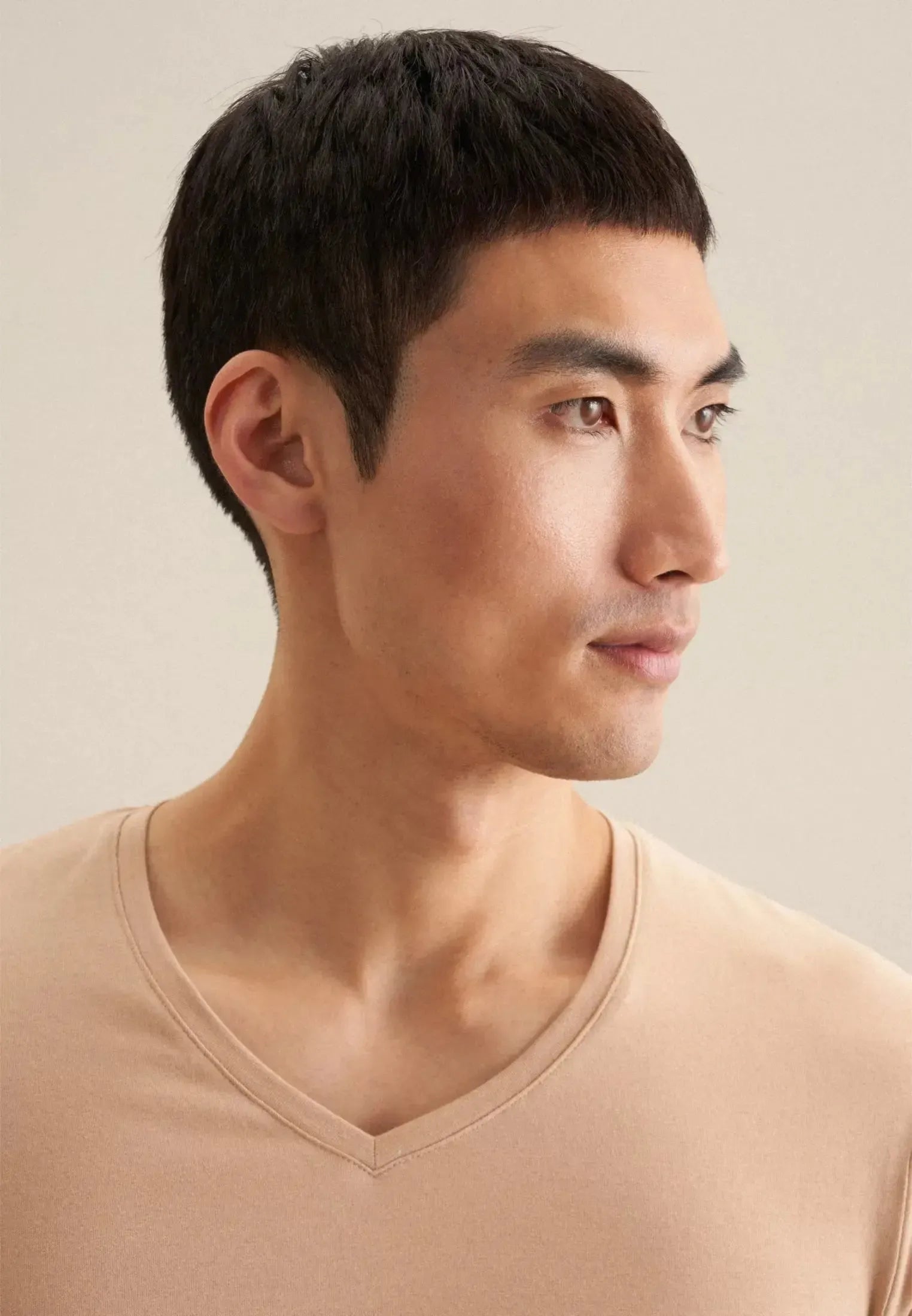 Stretch Cotton V-Neck T-Shirt Dark Beige-seidensticker uk
