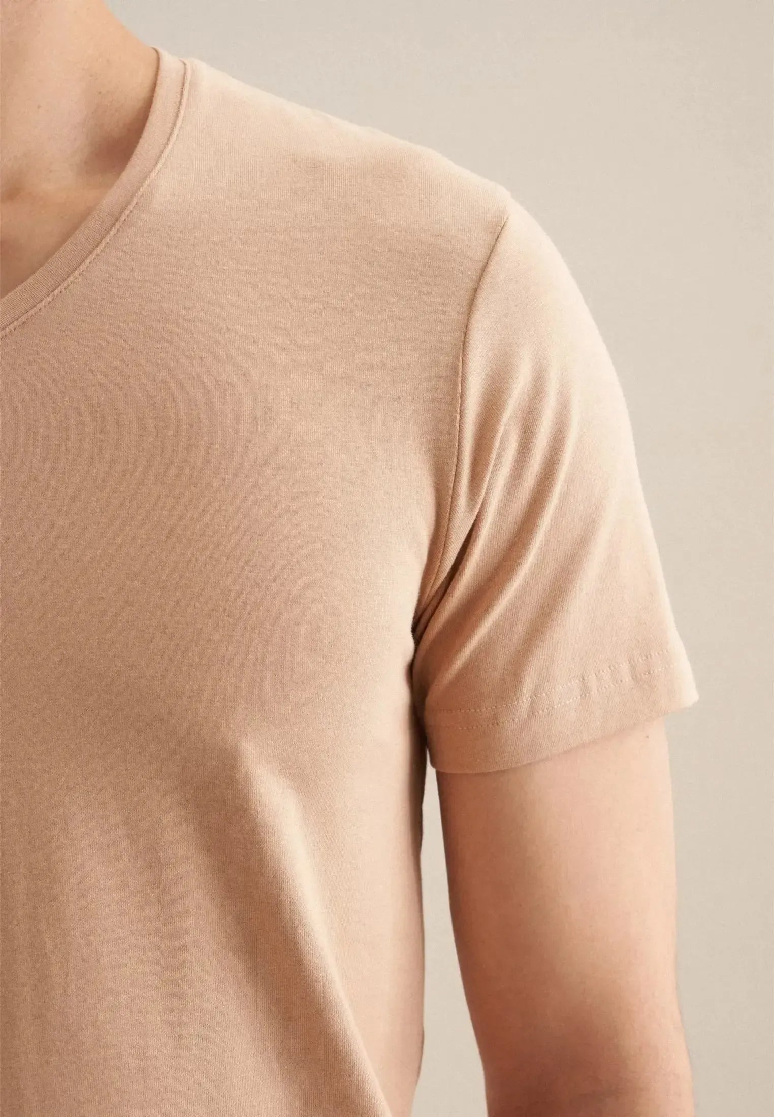 Stretch Cotton V-Neck T-Shirt Dark Beige-seidensticker uk