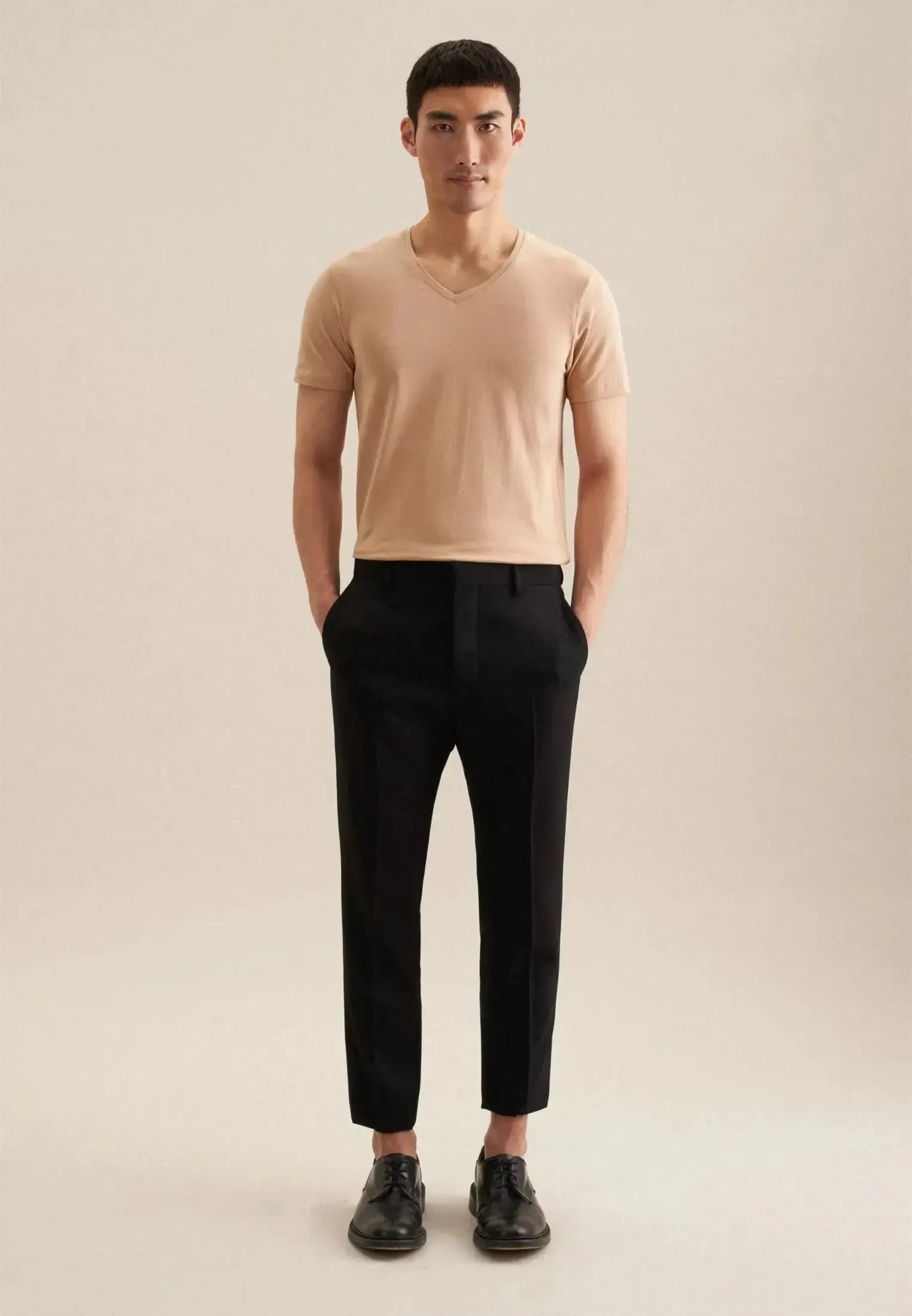 Stretch Cotton V-Neck T-Shirt Dark Beige-seidensticker uk