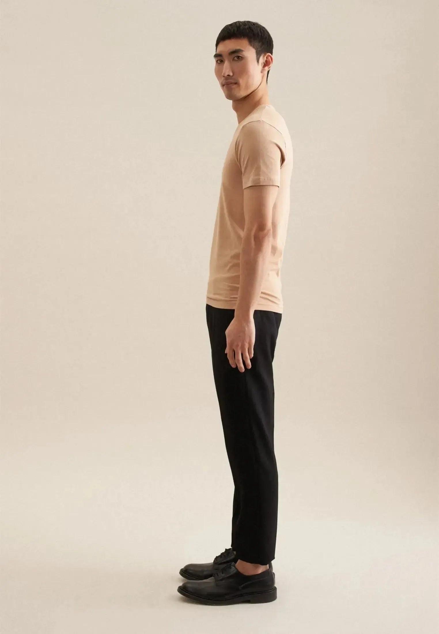 Stretch Cotton V-Neck T-Shirt Dark Beige-seidensticker uk