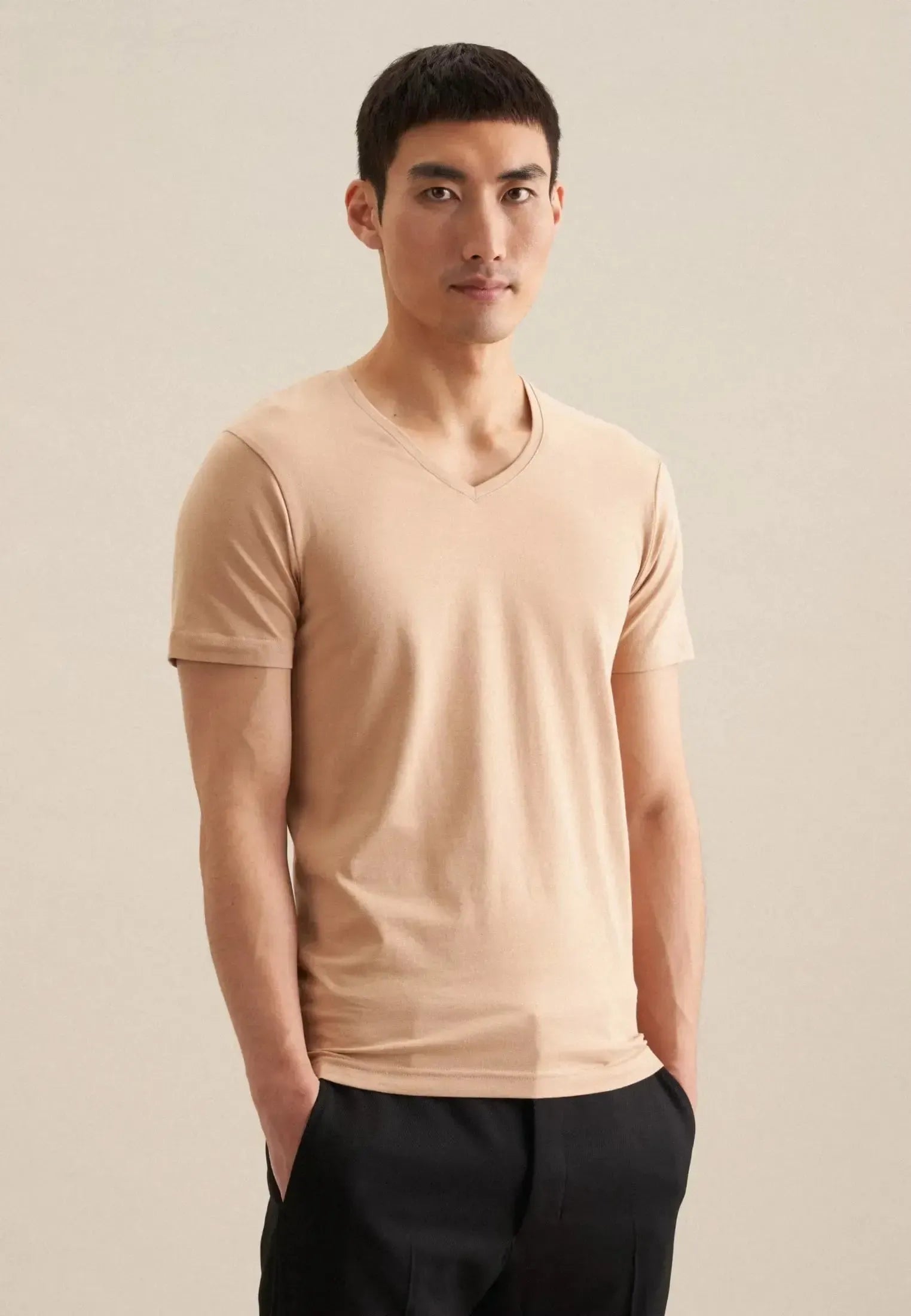 Stretch Cotton V-Neck T-Shirt Dark Beige-seidensticker uk