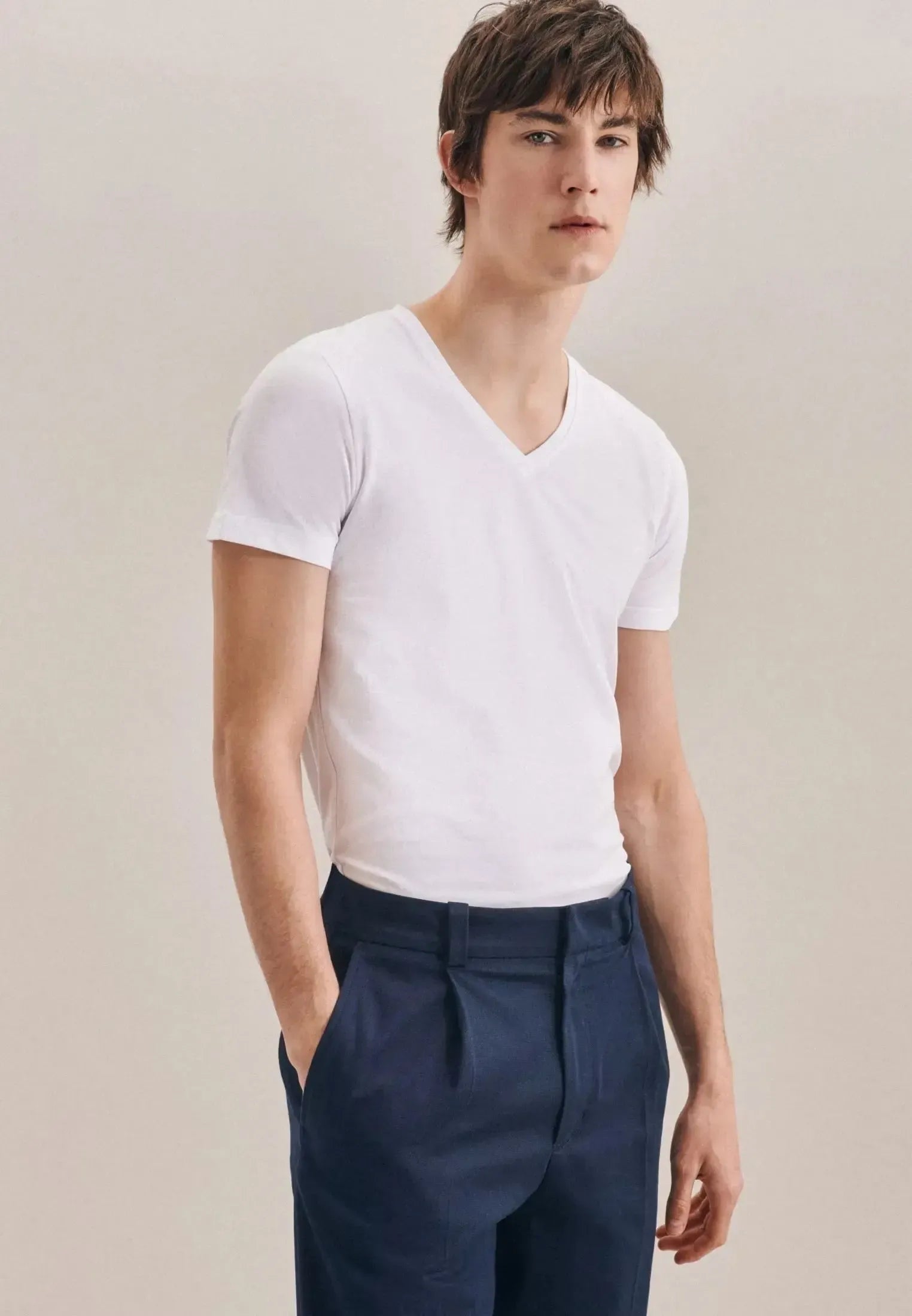 Stretch Cotton V-Neck T-Shirt White-seidensticker uk